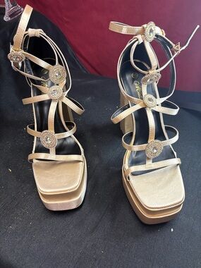 Gold Strappy Embellished Women's Heels